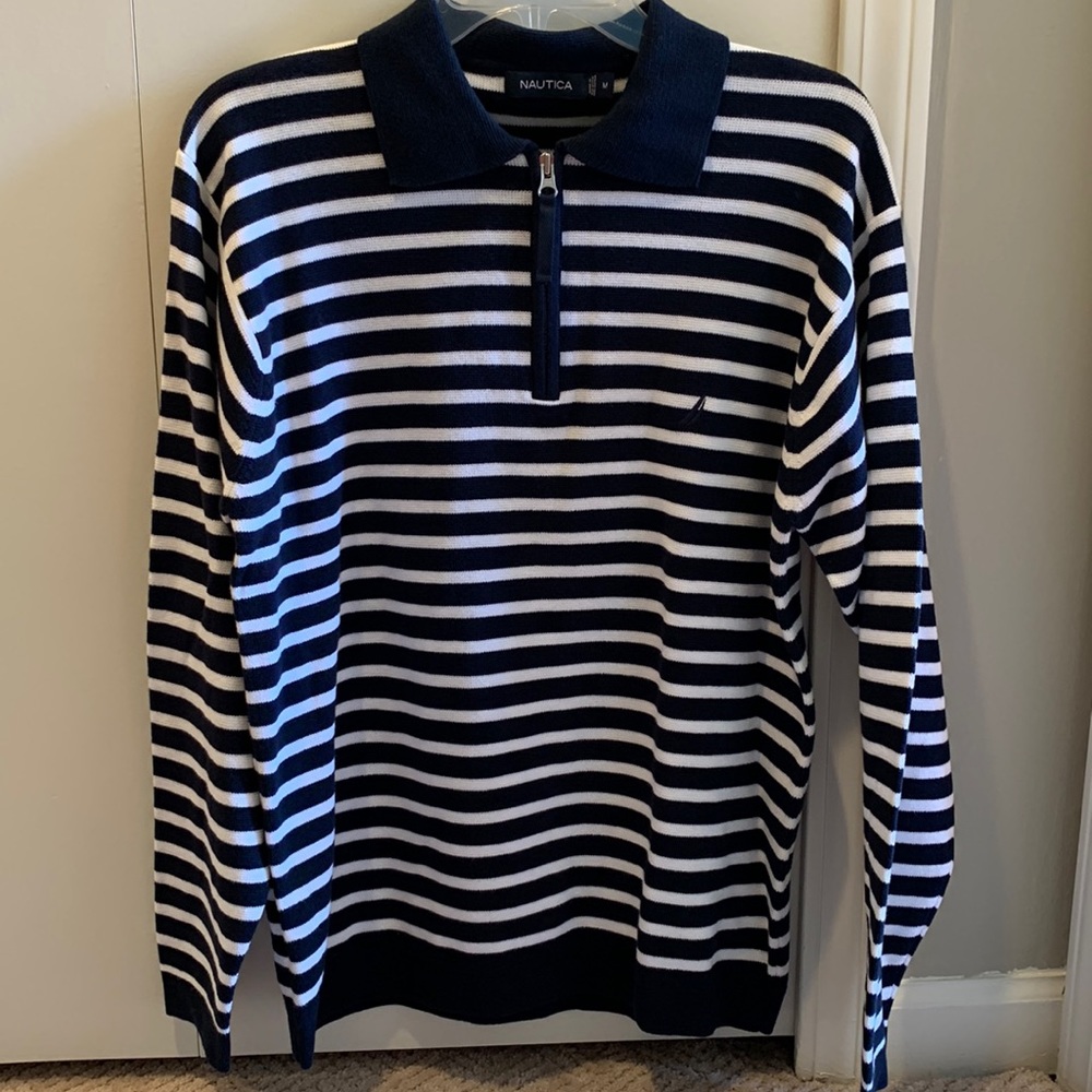 Nautica M men’s sweater striped blue white 1/4 zip